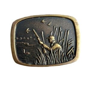 Vintage Hunting Belt Buckle BTS Brass Duck Waterfowl Marsh Scene Made in USA